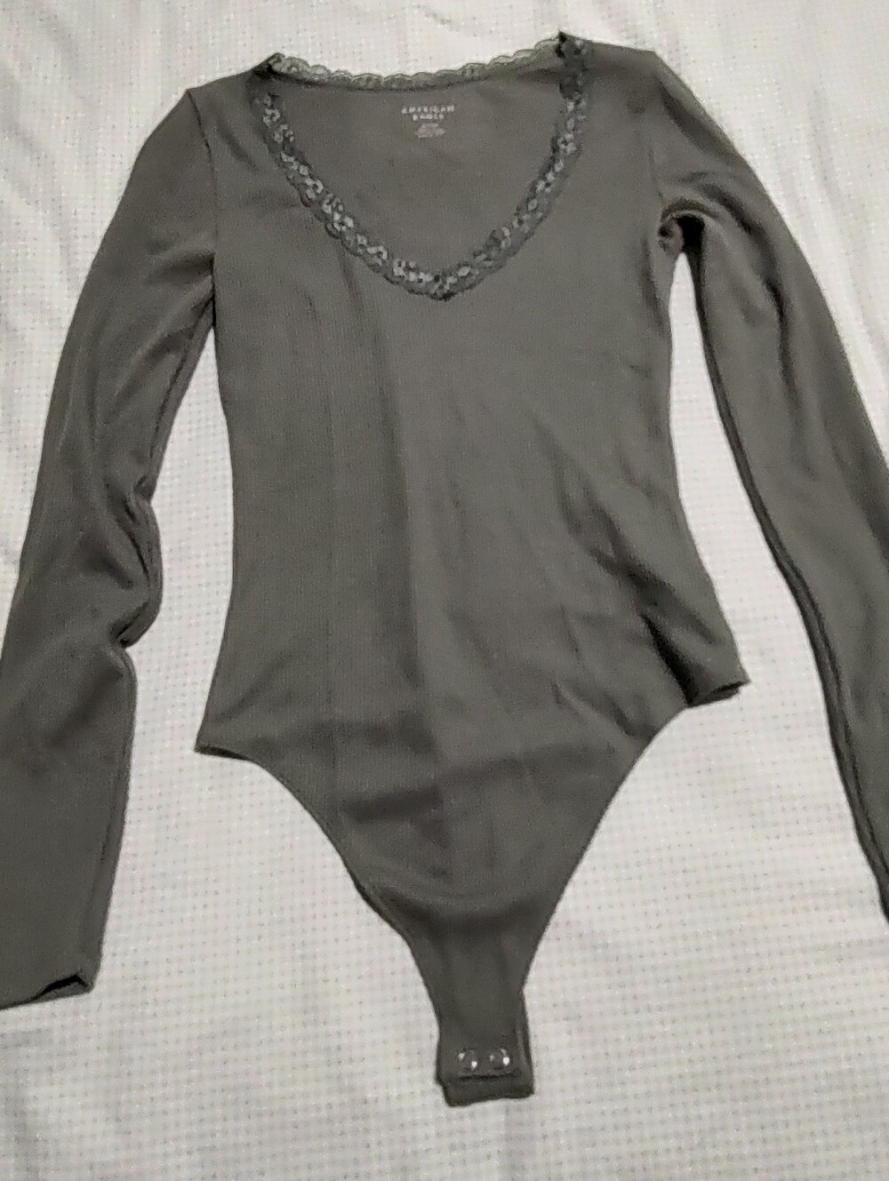 American Eagle Outfitters Olive Green Lace-Trim Ribbed V-Neck Bodysuit Sweater